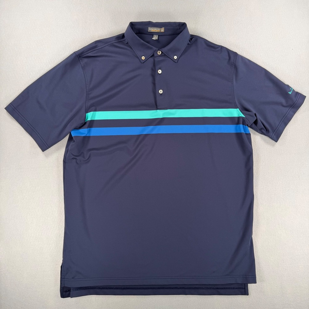 Peter Millar Summer Comfort Mens Large Navy Blue Striped Performance Polo Shirt